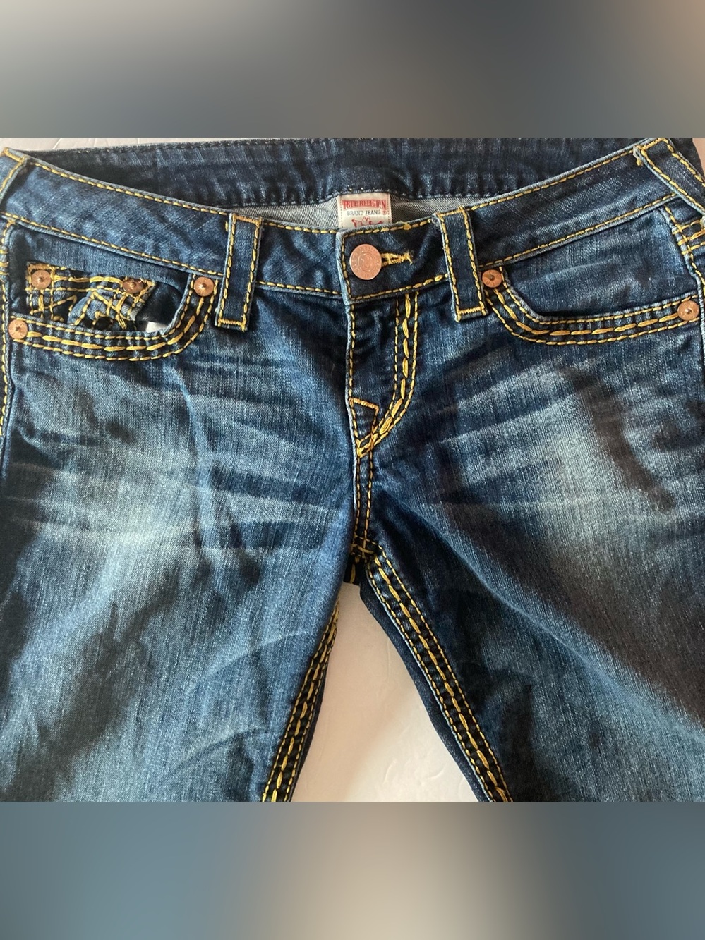 True Religion SZ 29 Dark Blue skinny Jeans withYellow Stitching Rare USA MADE